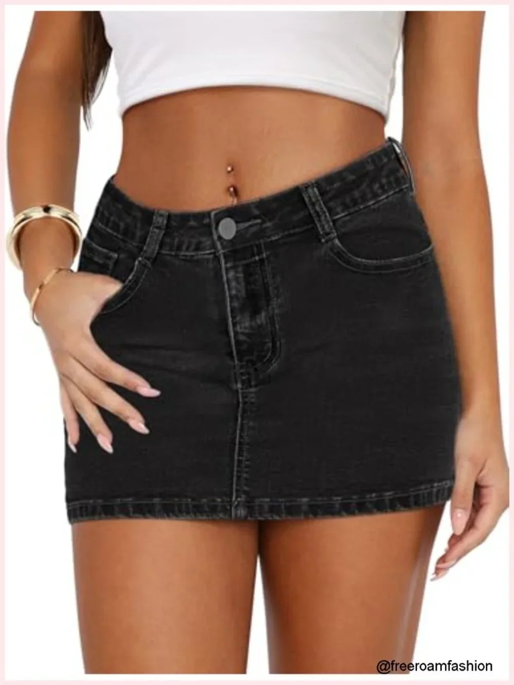 Women's Stretch Denim Mini Skirt Low Waist Zip Fly with Pockets